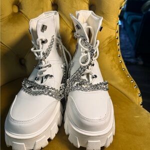 Women's White Chunky Boots with Silver Chains